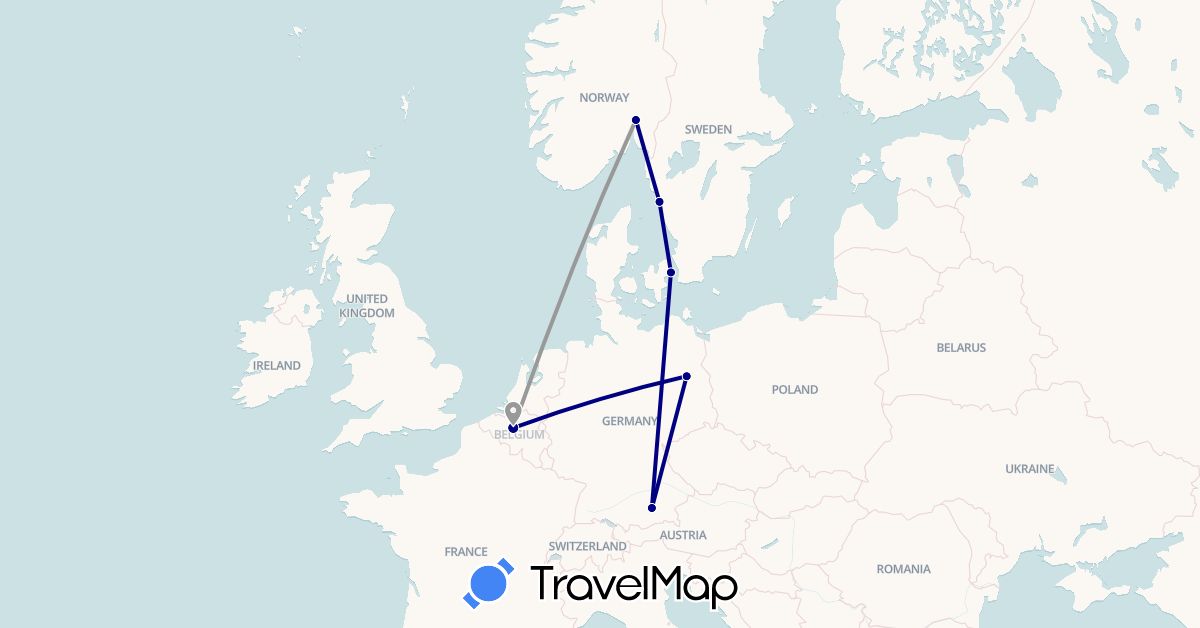 TravelMap itinerary: driving, plane in Belgium, Germany, Denmark, Norway, Sweden (Europe)